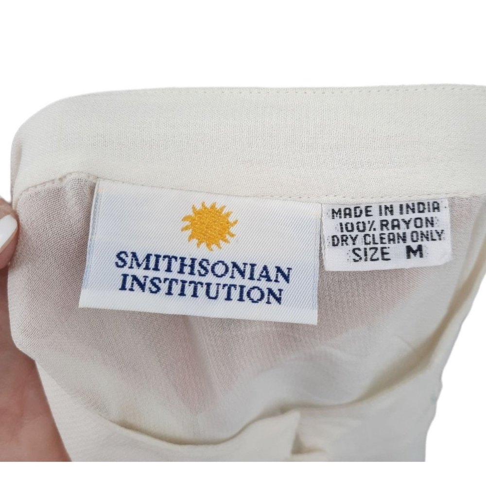 VTG 80s Smithsonian Institution Sheer Chiffon Embroidered Scalloped Hem Blouse M - Picture 8 of 11